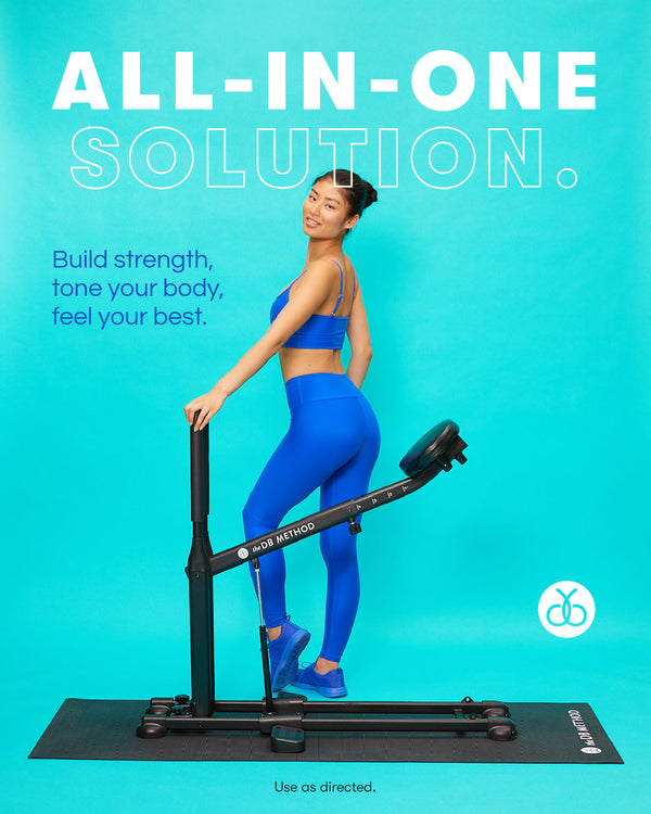 Fitness model using The DB Method machine for a full-body strength and toning workout.